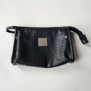 Guess Black Logo Cosmetic Bag Zippered Clutch Travel Makeup Case Textured